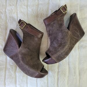 KORK-EASE // berit dark brown suede ankle buckle platform wedges